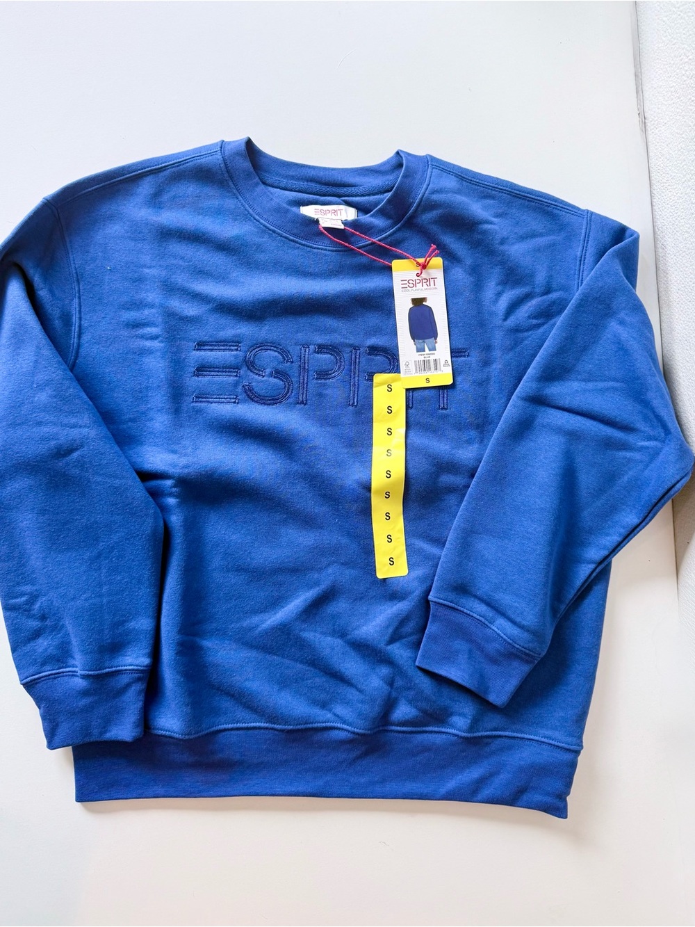 NWT Esprit Costco Blue Crewneck Fleece Sweatshirt-Retro 80s Embroidered Logo Sm